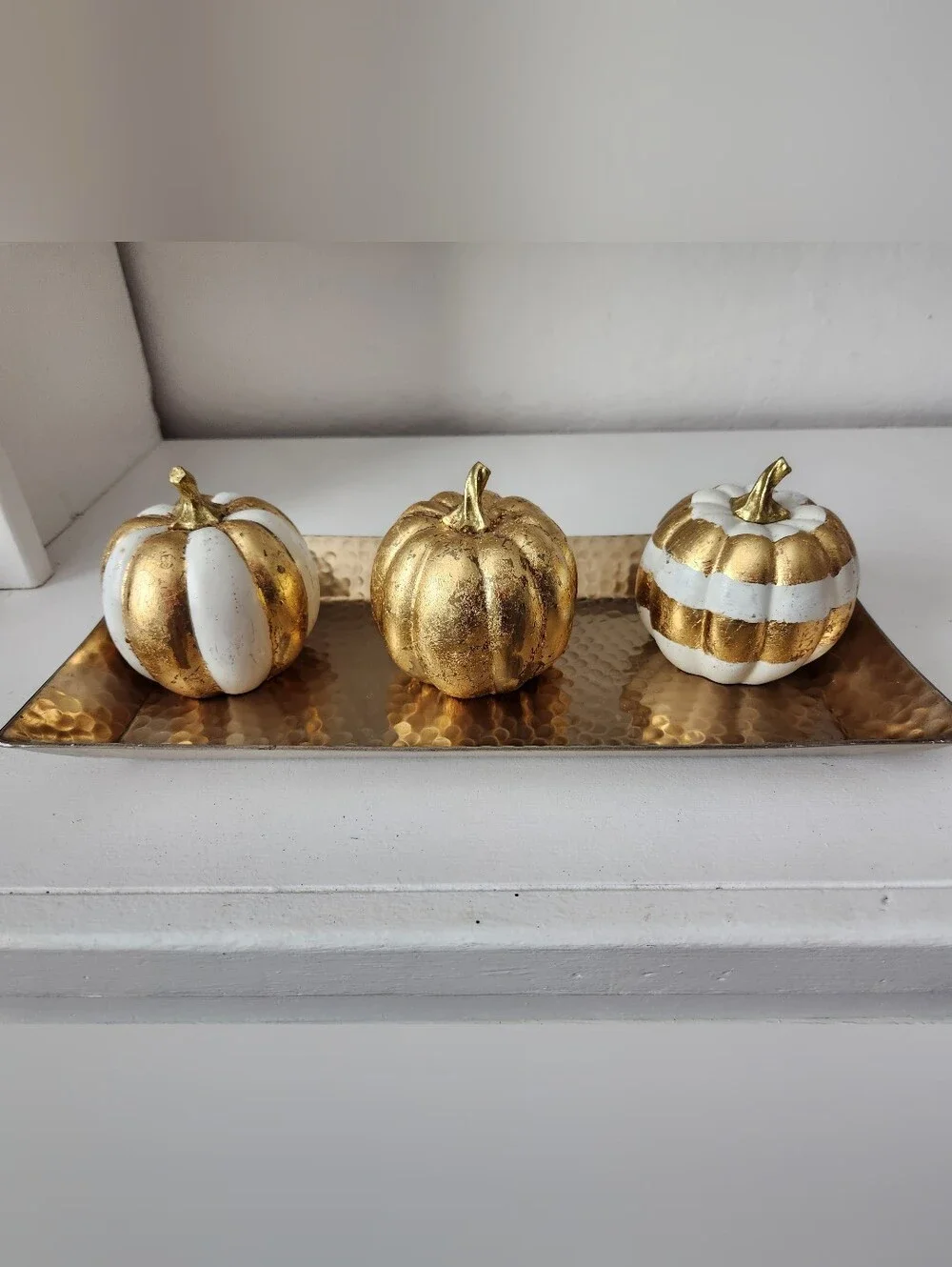 Metallic Gold  Hammerd Tray & White & Gold Pumpkin Trio Hand Painted W/Gold Leaf